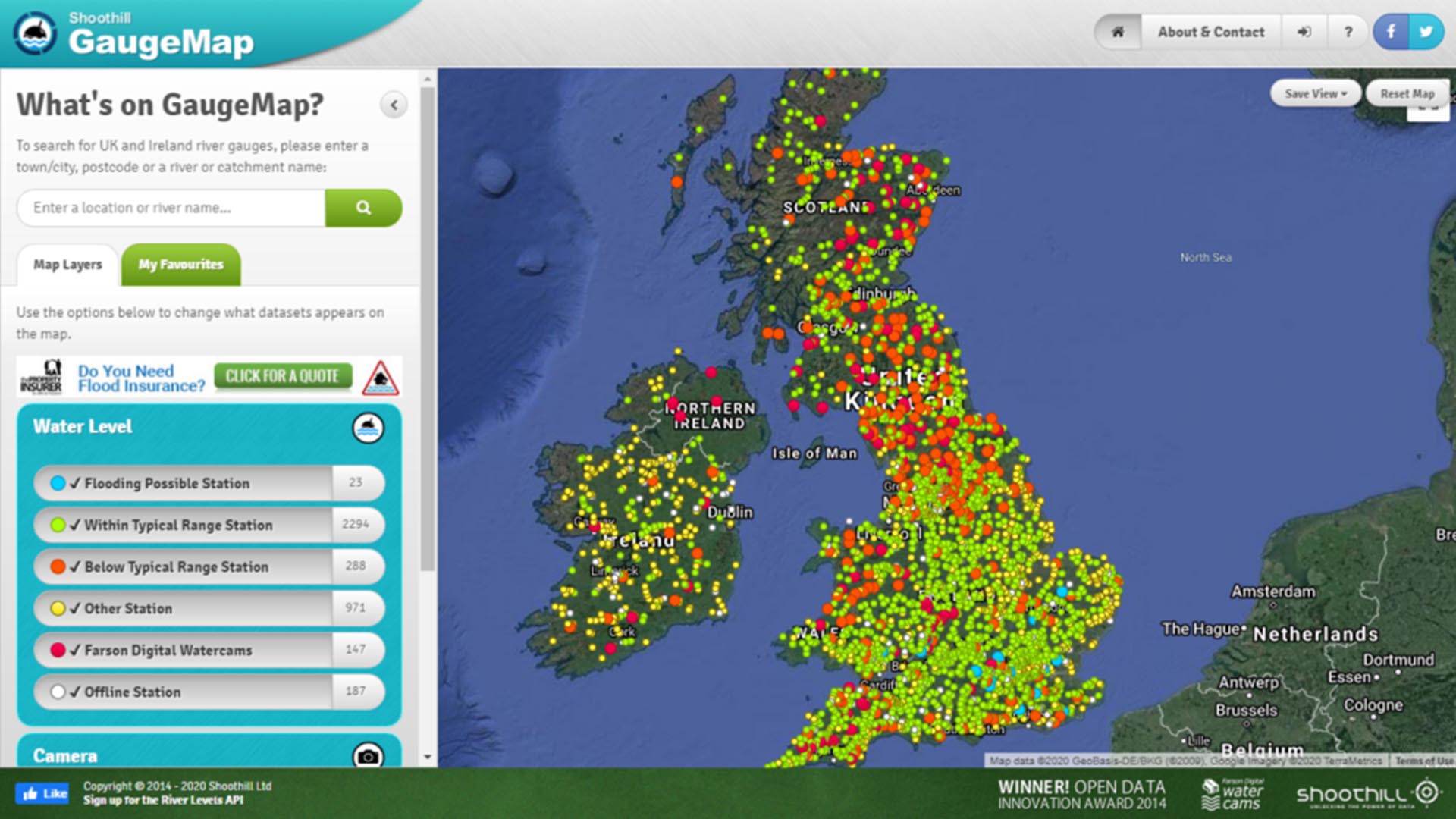 Shoothill - GaugeMap : digital map of live river level and flood data